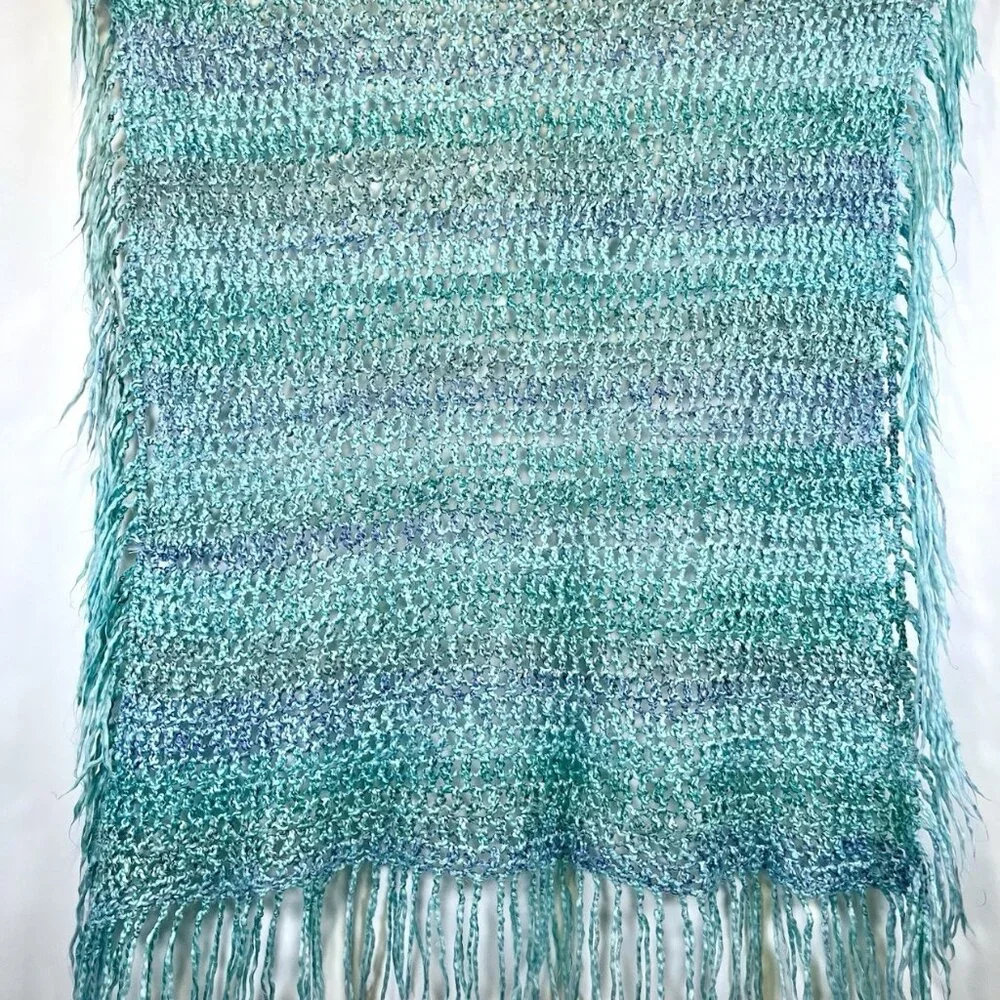Vintage Handmade Blue Sully Open-Weave Fringe Throw Retro Accent Blanket Boho